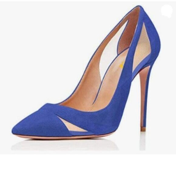 FSJ Darkblue Mesh High Heel Pump Pointed Toe Stiletto Thin Slip on Shoes - Picture 1 of 8